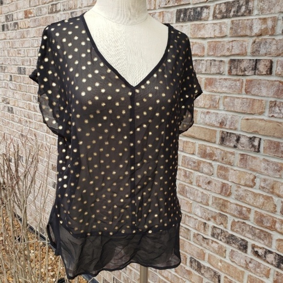 NWT Bobeau Sheer Gold Foil Polka Dots Top M - Picture 1 of 6
